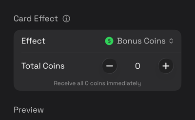 The card editor with Bonus Coins selected, showing the controls it adds