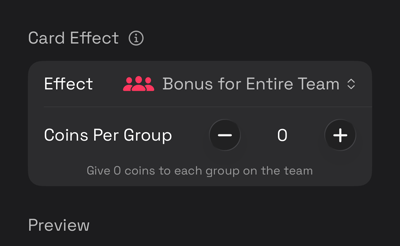 The card editor with Bonus for Entire Team selected, showing the controls it adds