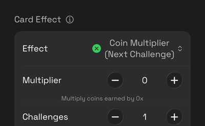 The card editor with Coin Multiplier (Next Challenge) selected, showing the controls it adds
