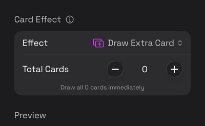 The card editor with Draw Extra Card selected, showing the controls it adds