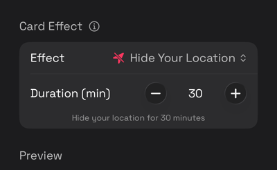 The card editor with Hide Your Location selected, showing the controls it adds