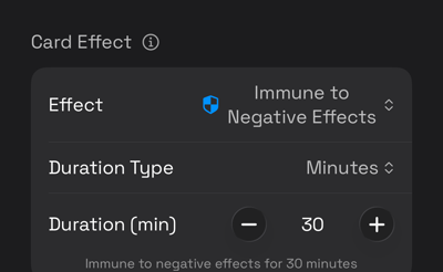 The card editor with Immune to Negative Effects selected, showing the controls it adds