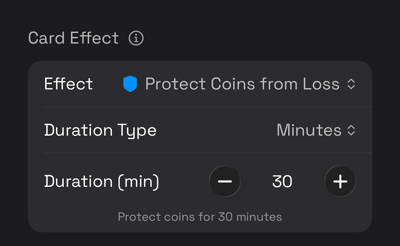 The card editor with Protect Coins from Loss selected, showing the controls it adds