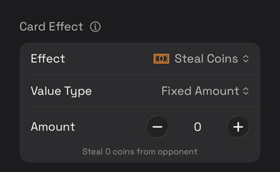 The card editor with Steal Coins selected, showing the controls it adds