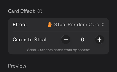 The card editor with Steal Random Card selected, showing the controls it adds