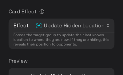 The card editor with Update Hidden Location selected, showing the controls it adds