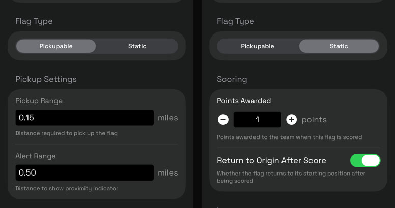The flag property editor set to Pickupable, showing a Pickup Settings section, beside the same editor set to Static, where that section is absent